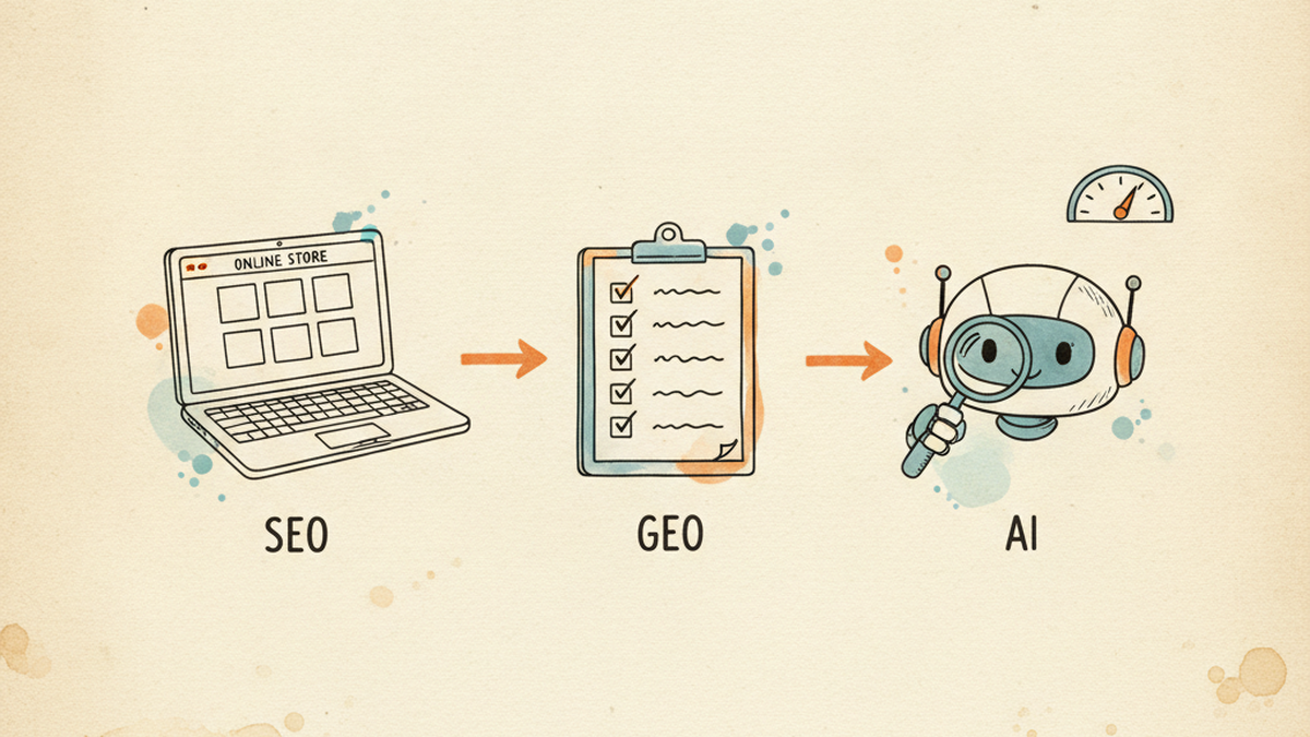 A Shopify store page, an optimization checklist, and an AI assistant reading the page, illustrating SEO plus GEO