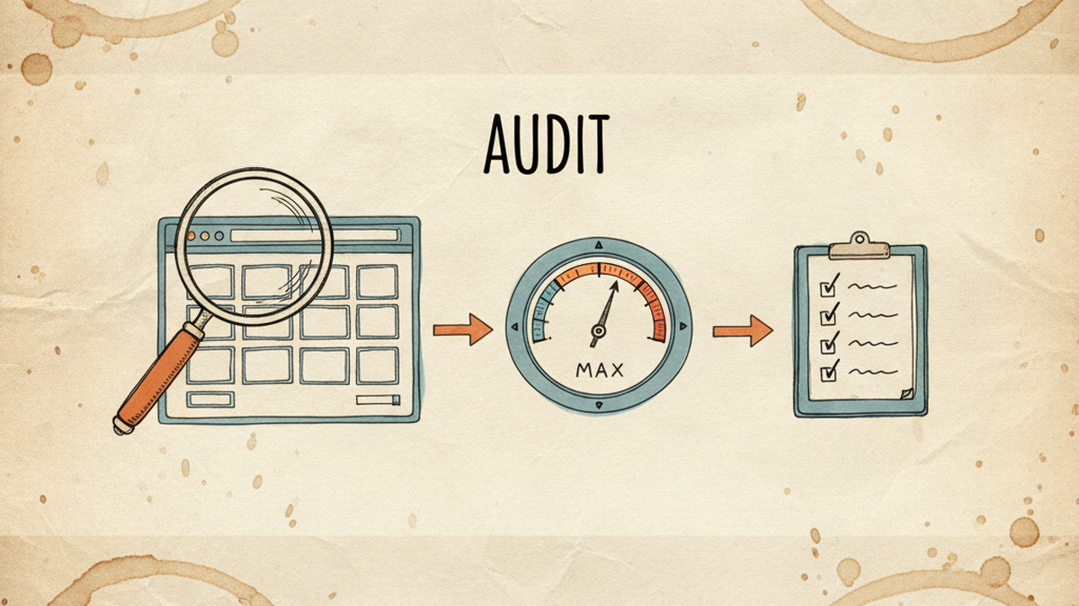 A magnifying glass over a Shopify store page, an audit score dial, and a checklist of fixes, illustrating a Shopify SEO and GEO audit