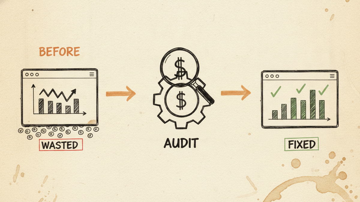 Hand-drawn before-and-after sketch: a Google Ads account leaking coins labeled WASTED, run through an AUDIT gear with a dollar sign, ending in a FIXED account with green check marks.