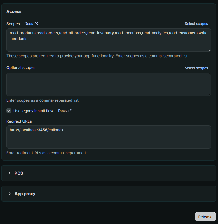 Access screen showing the comma-separated Admin API scopes, Use legacy install flow checked, and the Redirect URL set to http://localhost:3456/callback.