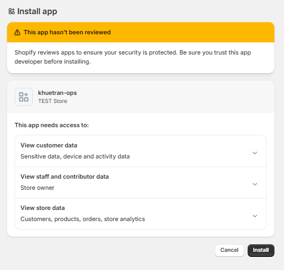 Shopify install-app approval screen for the custom app on a test store, listing the data it can access.