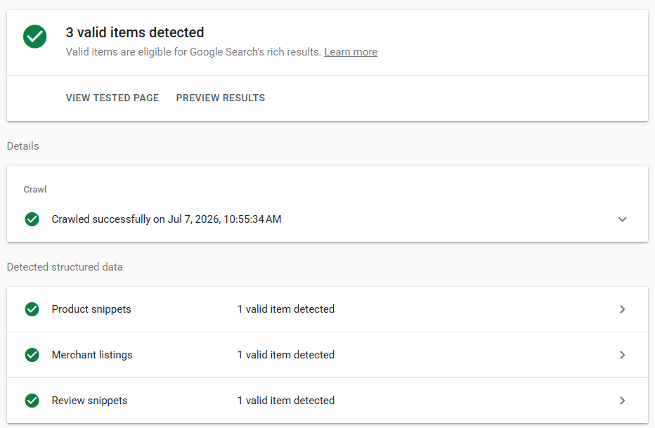 Rich Results Test showing three valid items detected on a single product page: Product snippets, Merchant listings, and Review snippets