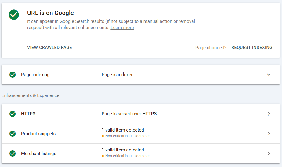 Google URL Inspection result showing the page is on Google with Product snippets and Merchant listings both detected as valid, with only non-critical issues remaining